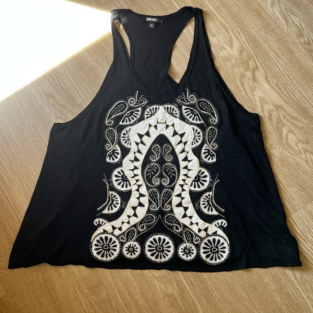 DKNY Black and White Embroidered Women's Vest / Top